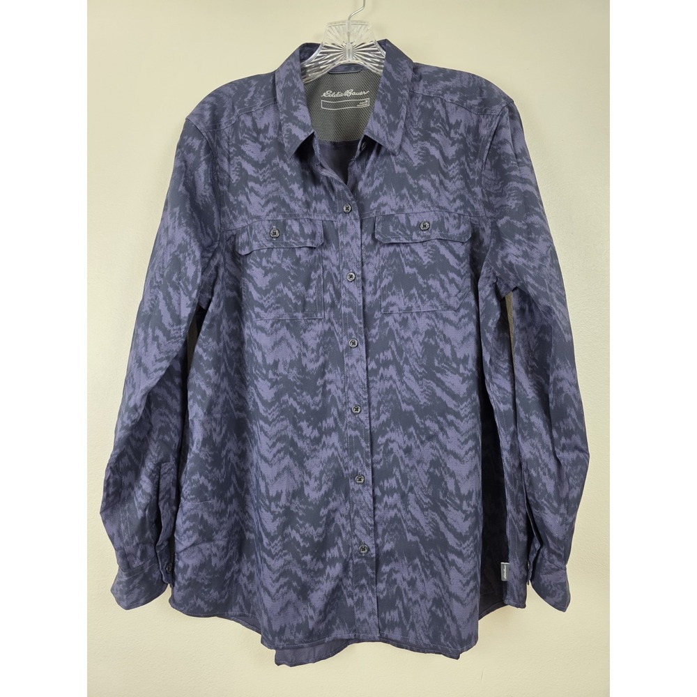 Eddie Bauer Shirt Womens Medium Purple and Black Long Roll Tab Sleeve Collared